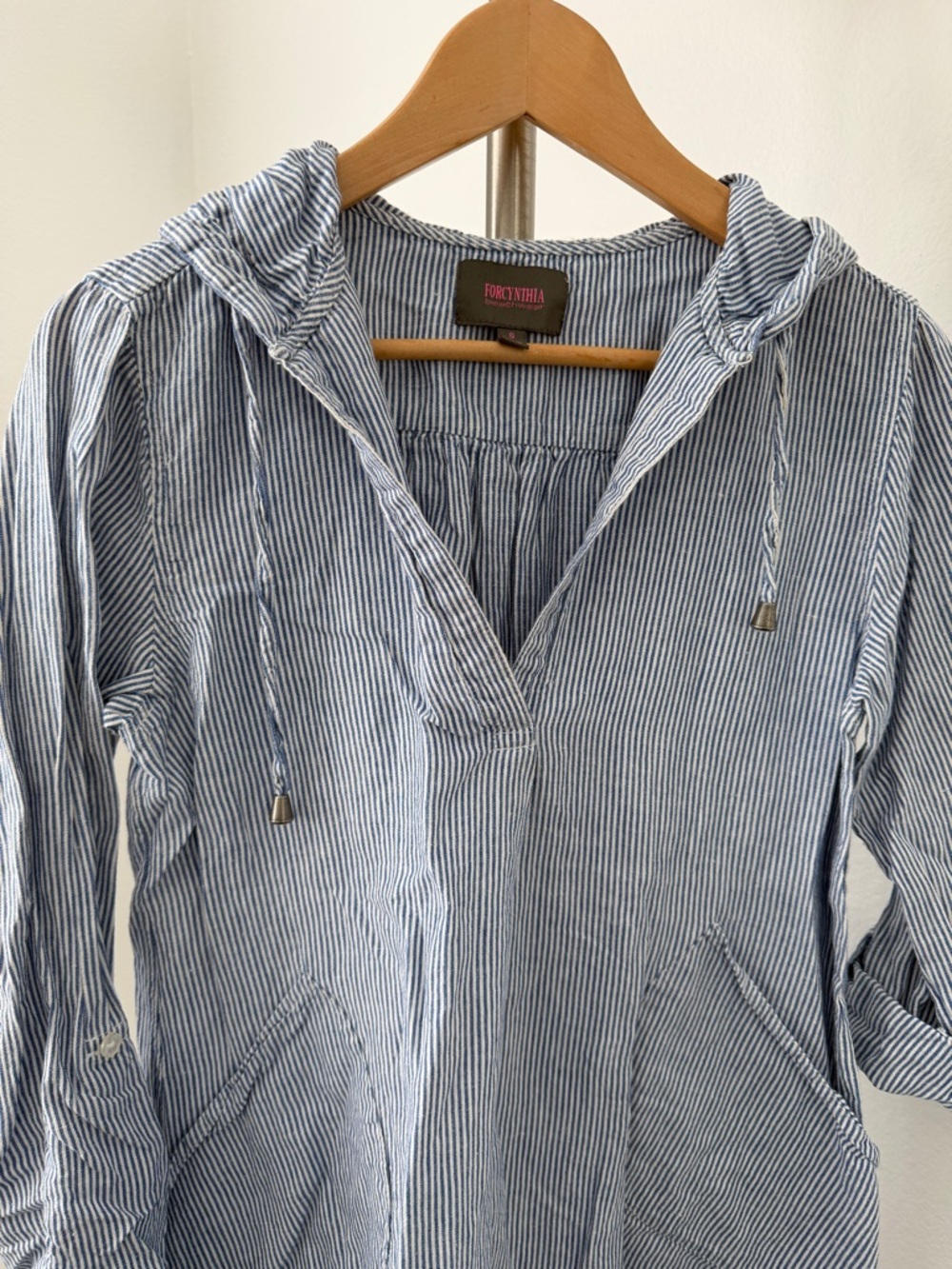 For Cynthia Beachwear Blue and White Pinstripe Shirt - Picture 5 of 7